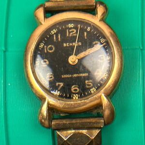 Benrus Vintage Mechanical Watch Black Dial Gold Tone‎ Speidel Band Parts Repair